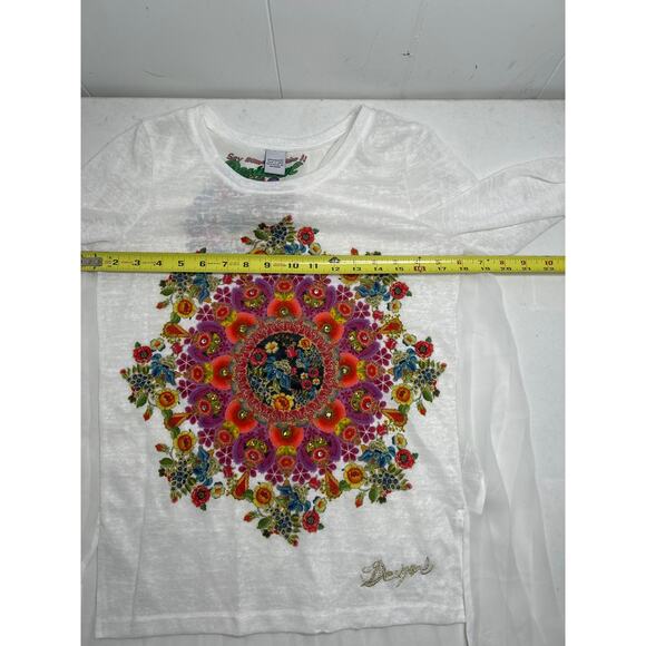 Desigual Prisca white long-sleeve high-low top with studs and sheer pleats. S - Picture 5 of 7